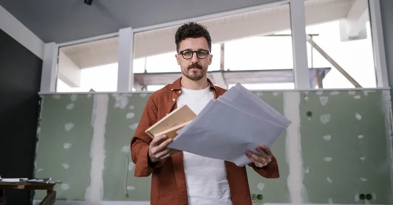 Architect holding and reviewing design documents in a modern interior setting.