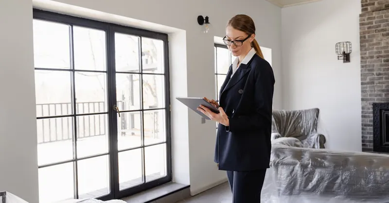Real estate agent in a black blazer using a tablet inside a furnished home.