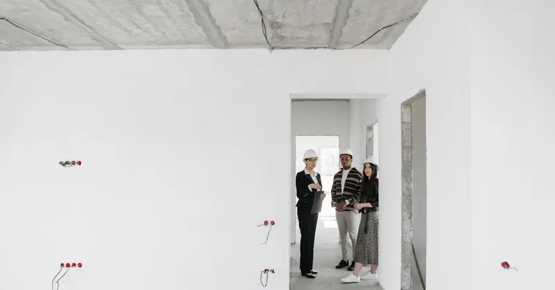 Group of diverse professionals discussing building plans on site.