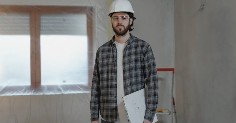 Adult male construction worker holding blueprints in an indoor renovation site.