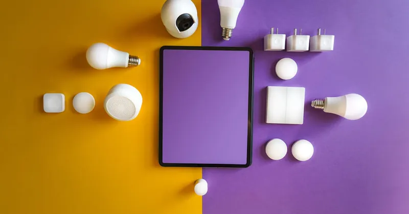 Innovative smart home gadgets arranged in a modern flat lay.