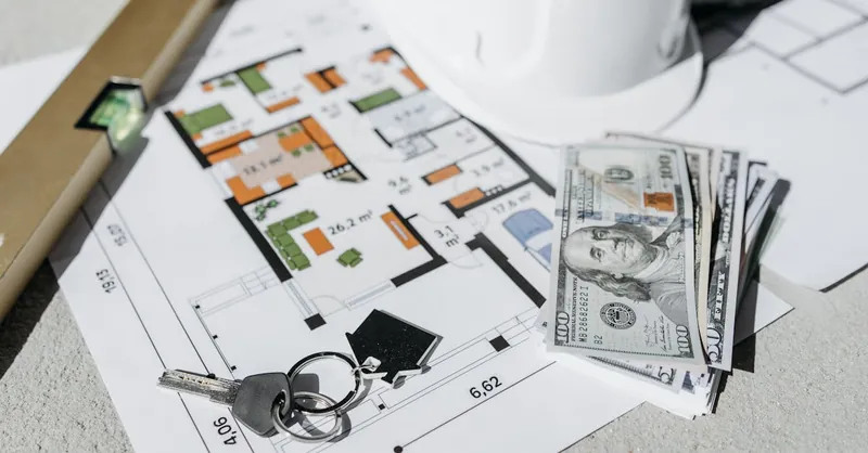Floor plan with cash, keys, and hard hat symbolizing real estate investment and property planning.