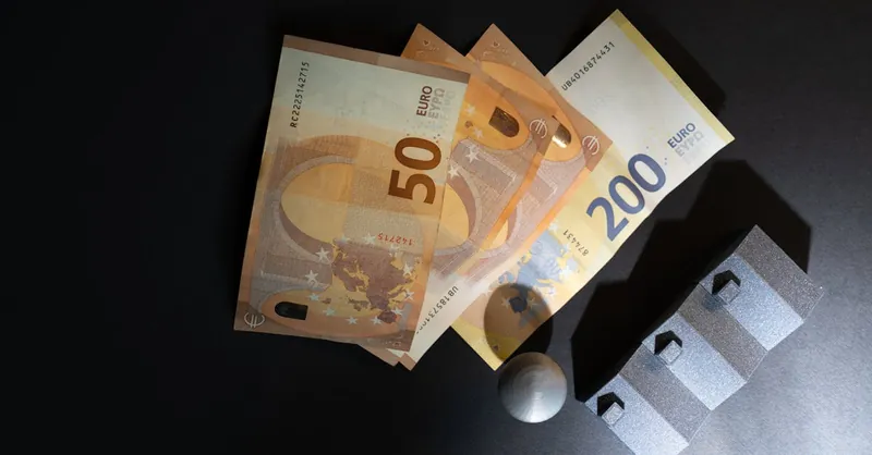 Close-up of Euro banknotes and model houses on dark background symbolizing real estate investment.