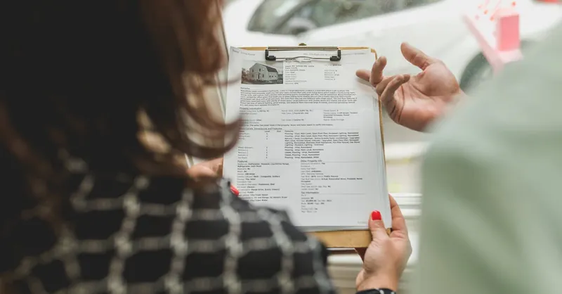 Real estate agent reviewing property documents with a client.