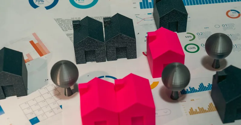 Abstract representation of real estate market analysis with model houses and charts.