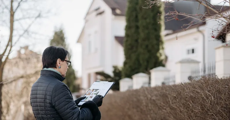 Realtor assessing house with clipboard during winter season outdoors. Ideal image for real estate content.