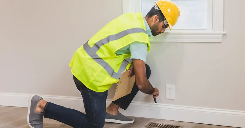 Construction worker conducting a home inspection indoors, using tools near a vent.