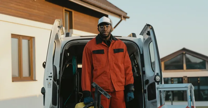 Man in workwear with cleaning equipment next to van outside a building.