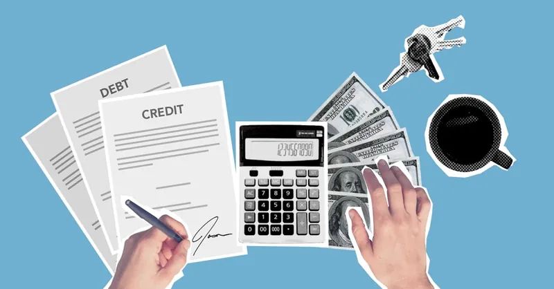 Overhead view of financial planning with debt and credit documents, calculator, and cash on blue background.