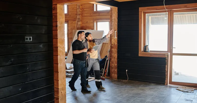 Two adults discussing home renovation in a partially constructed modern wooden interior.