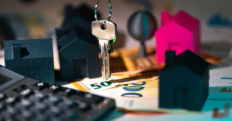 A symbolic representation of real estate finance featuring keys, model houses, and euro banknotes.