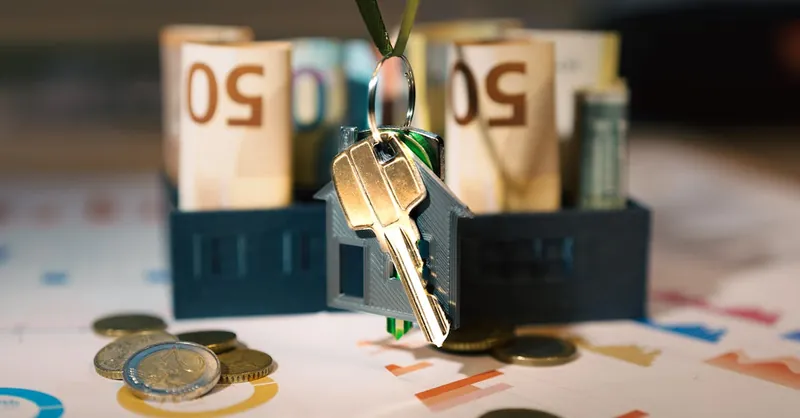 Keys hanging with money and charts, symbolizing real estate investment and financial planning.