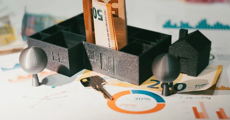 Euro notes with house model and financial charts symbolize real estate investment and economic growth.