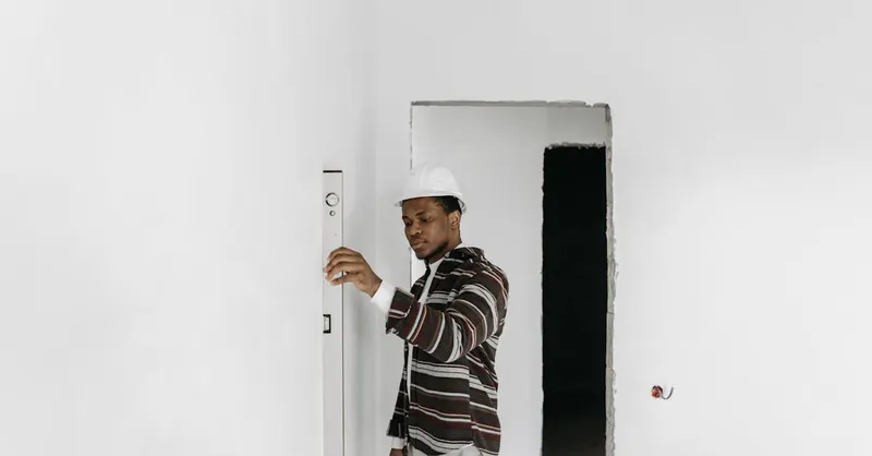 Architect wearing hard hat checks wall alignment in a renovation project.