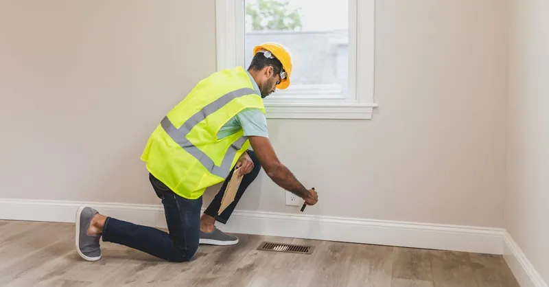 Worker in safety gear inspecting a room