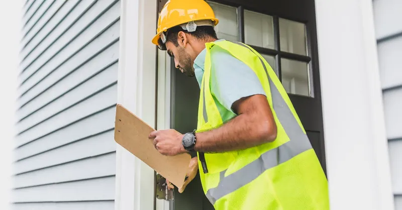 A male inspector in a hard hat conducts a property inspection outdoors with a clipboard.