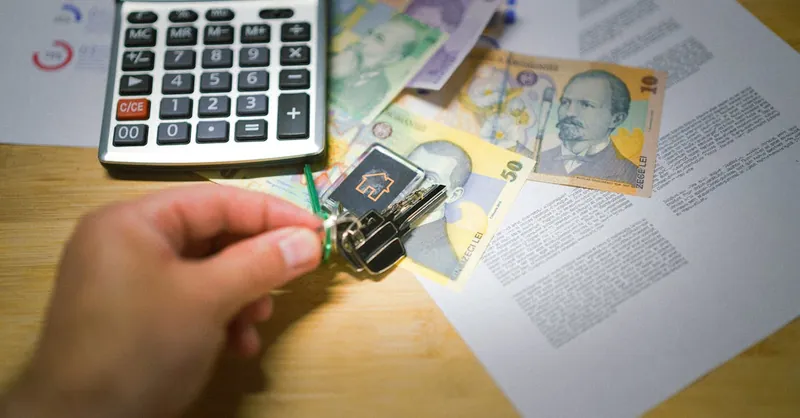 A hand holds keys next to Romanian currency, a calculator, and documents, symbolizing real estate transactions.
