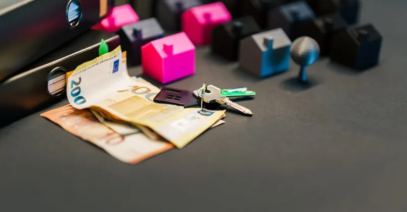 Miniature houses, euro bills, and a house key symbolize real estate investment and property transactions.