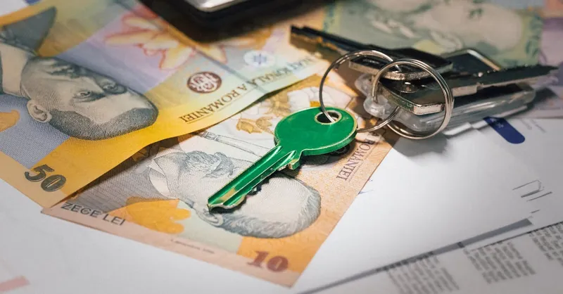 Close-up of Romanian banknotes with a set of keys, representing real estate investment and financial planning.