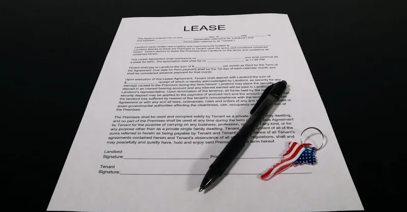 Lease agreement document with pen and American flag keychain on a black table.